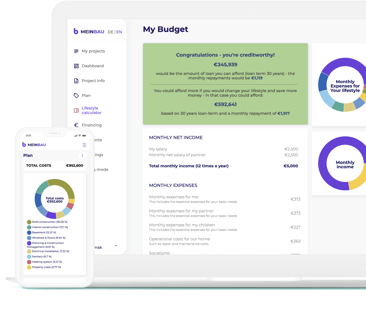 The MeinBau budget planner shown on a laptop beside the mobile app