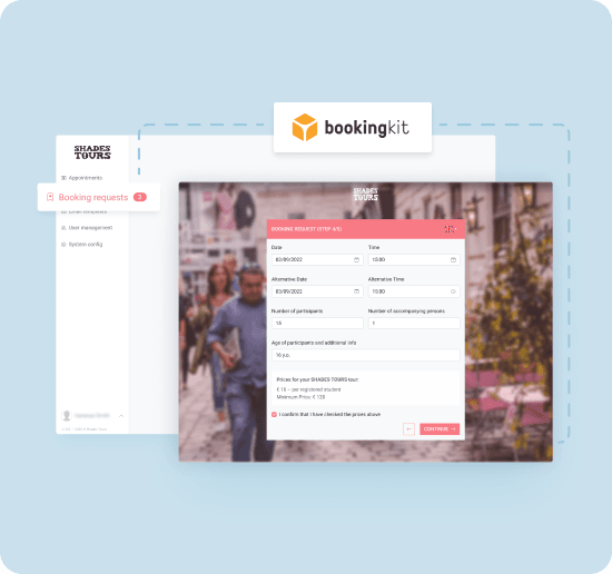 The Shades Tours booking requests screen linked to the Bookingkit platform, next to the customer booking form with date, time and number-of-participants fields