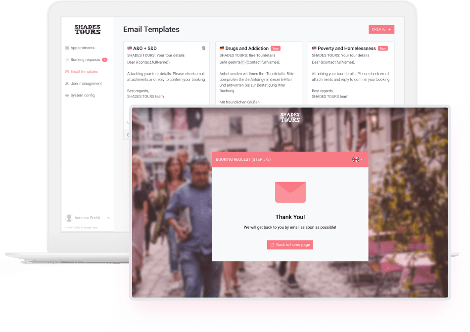 The finished app: the email templates screen of the Shades Tours admin panel behind the final step of the customer booking flow, confirming the request was sent