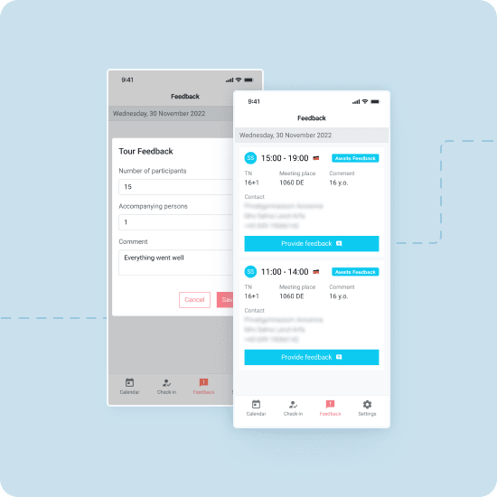 Two screens of the tour guide mobile app prototype: a list of finished tours awaiting feedback, and the tour feedback form with participant count and a comment field