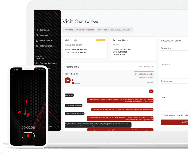 The app on a laptop showing a patient visit overview with a playable recording and its transcript, beside a phone capturing the conversation