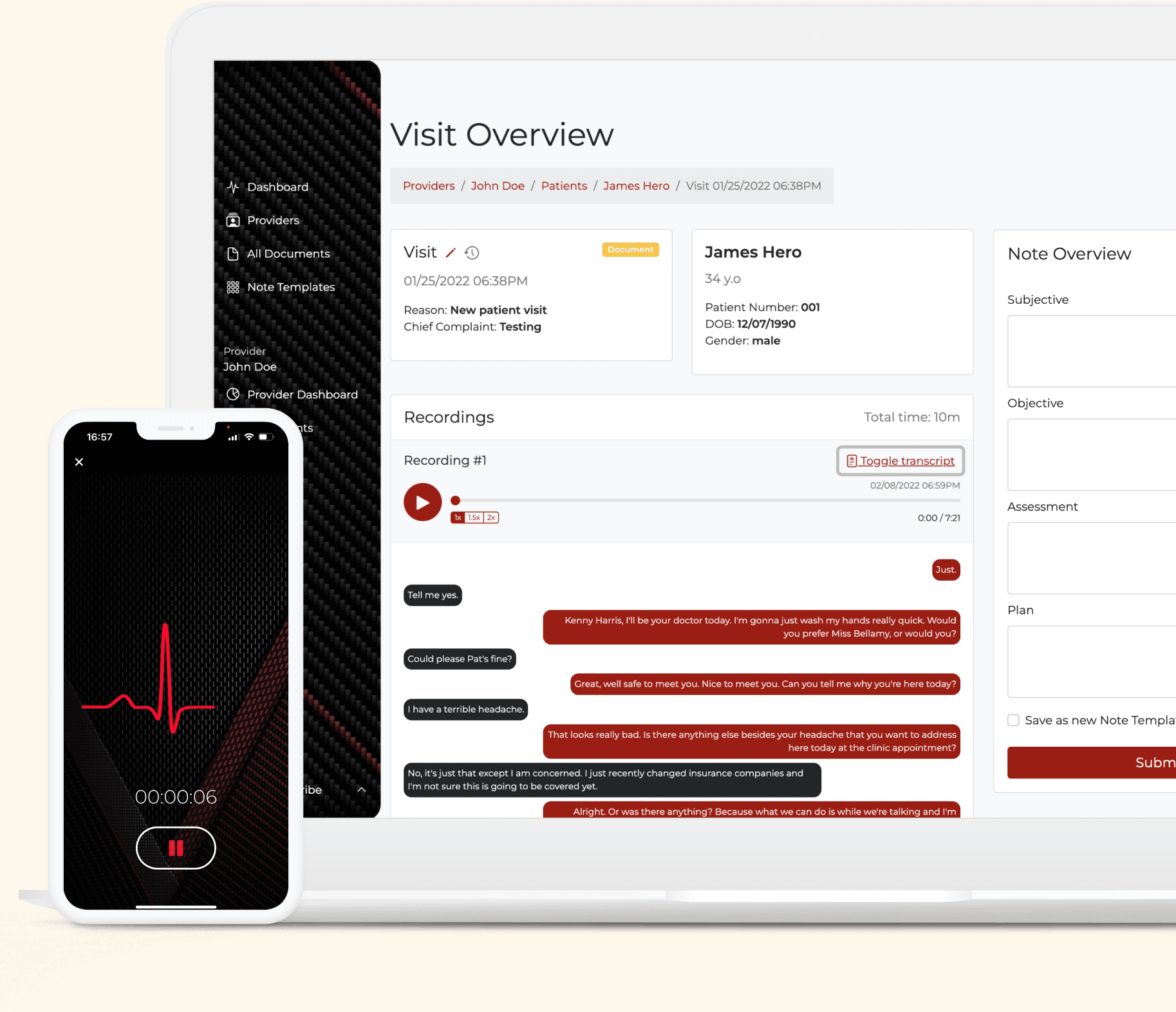 The app on a laptop showing a patient visit overview with a playable recording and its transcript, beside a phone capturing the conversation