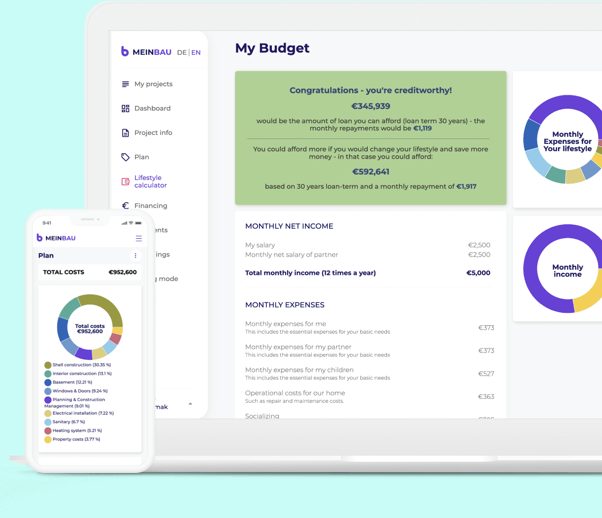 The MeinBau budget planner shown on a laptop beside the mobile app