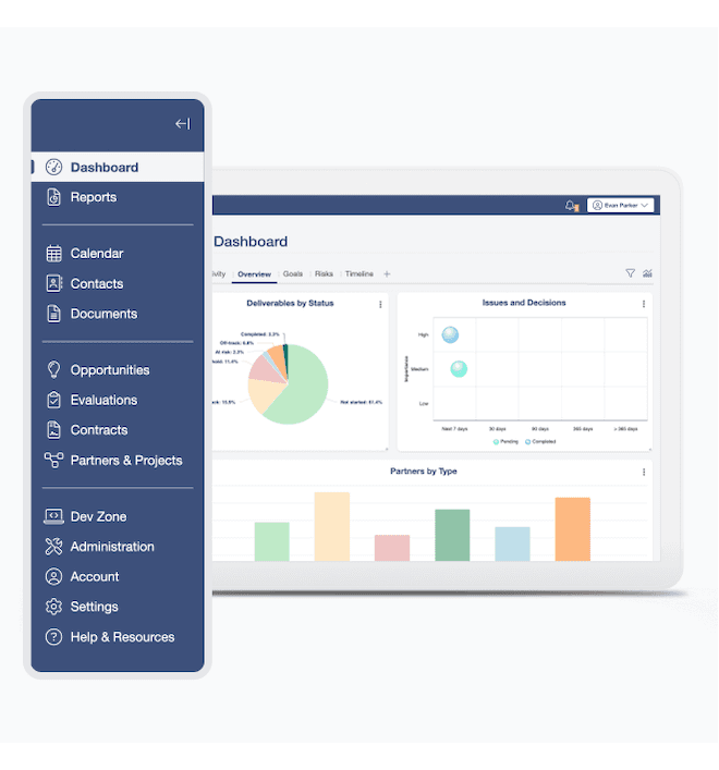 The upgraded platform’s navigation — dashboard, reports, calendar, contacts, documents, opportunities, evaluations, contracts and partners — beside the dashboard screen