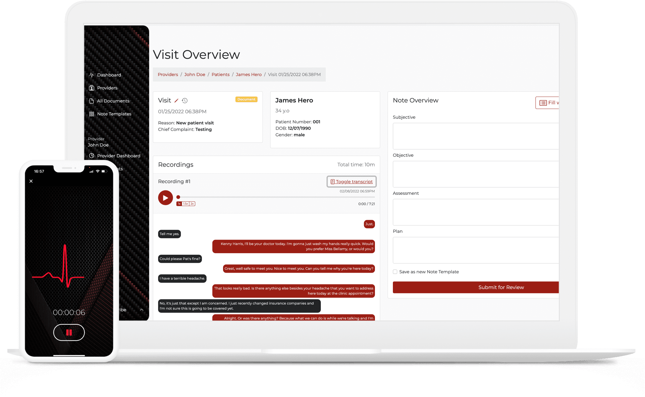 Screenshot of the AI-powered speech-to-text medical documentation app