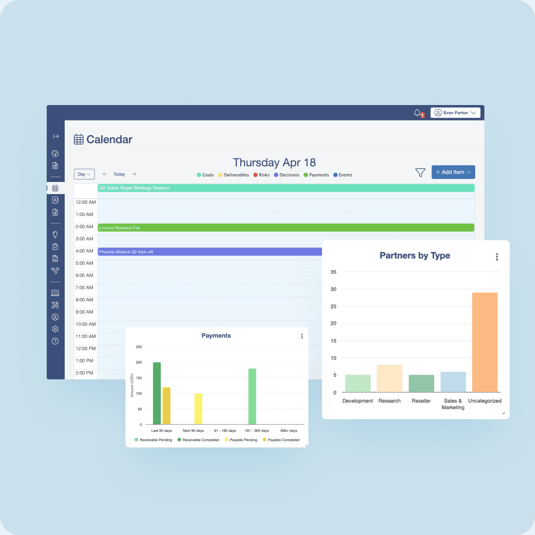 The calendar, payments and partner widgets pulled apart into separate floating cards