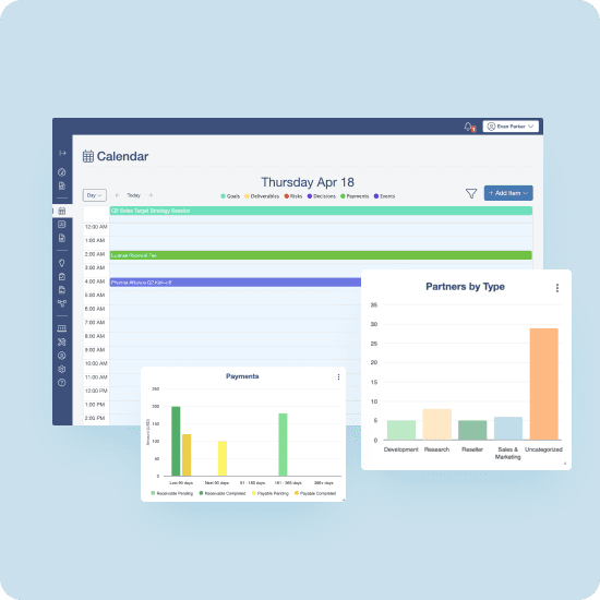 The calendar, payments and partner widgets pulled apart into separate floating cards