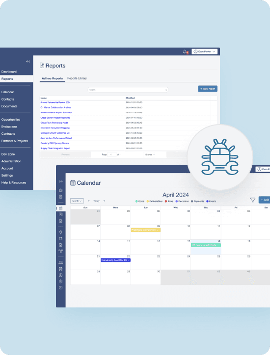 The reports list and the monthly calendar view marked with a bug icon, standing for continuous regression testing