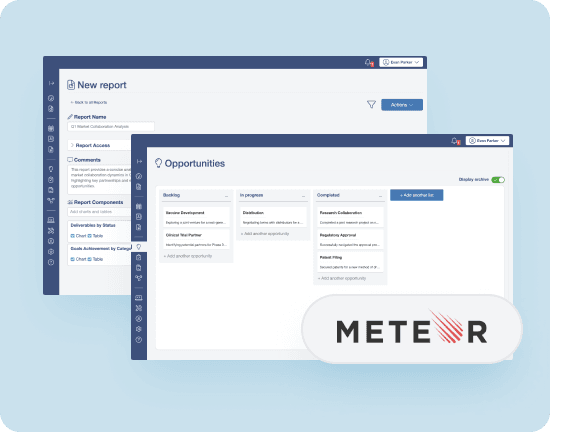 The report builder and the opportunities board of the platform beside the Meteor logo