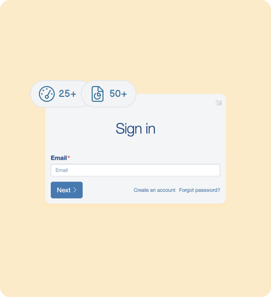 The platform’s sign-in screen with badges for 25+ dashboard widgets and 50+ report templates