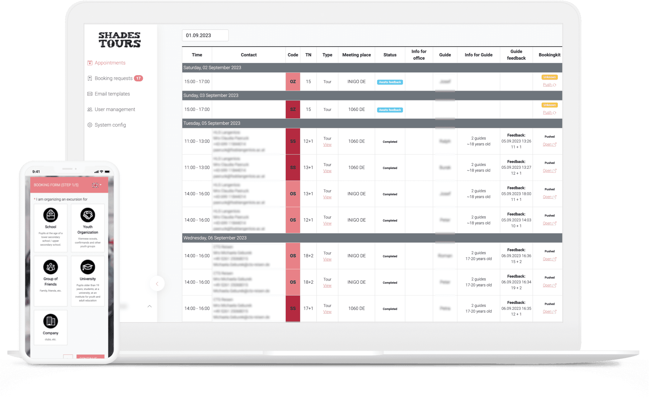 Screenshot of the Shades Tours booking platform interface