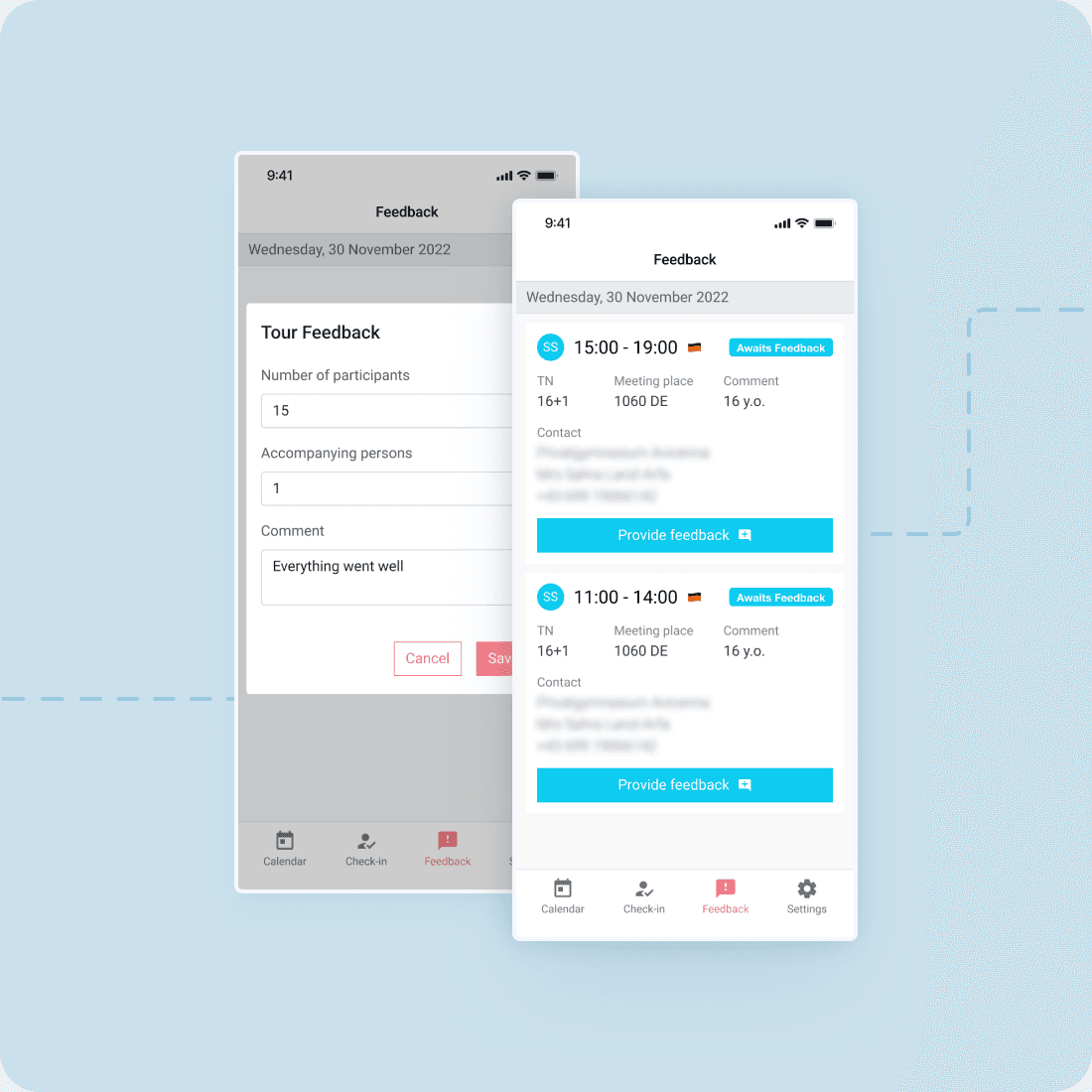 Two screens of the tour guide mobile app prototype: a list of finished tours awaiting feedback, and the tour feedback form with participant count and a comment field